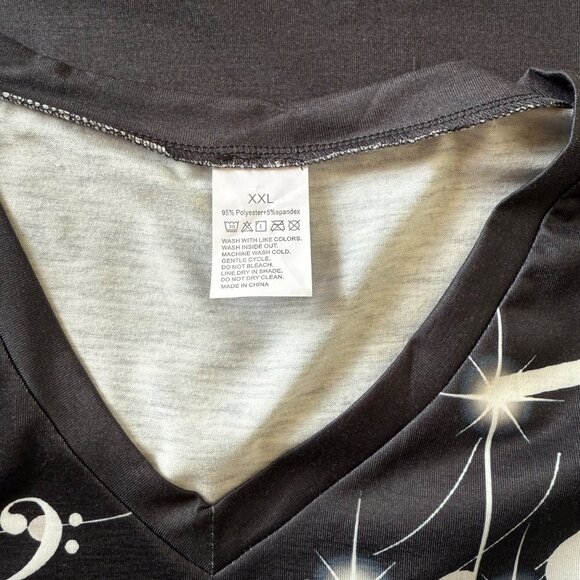 Womens Music Notes Graphic Tee Size XXL Black Rainbow Print V Neck Shirt Top - Picture 5 of 8